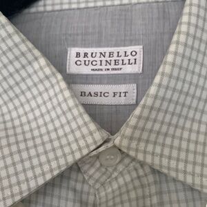 Brunello Cucinelli Men’s Light Gray GreenCheck Dress Shirt - Basic Fit size M